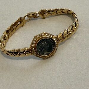 Carolee Vintage Gold Tone Roman Coin Accent Bracelet with Crystal Accents